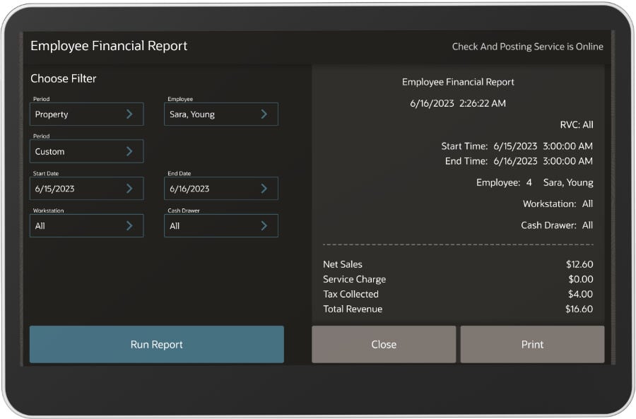 A tablet screen displaying an "Employee Financial Report" with filters set for "Property," "Date," and "Cash Drawer." Transaction details and total amounts are shown. Options to "Run Report," "Close," and "Print" are present.