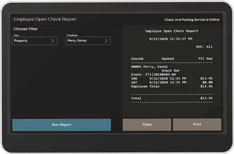 A screen displaying an "Employee Open Check Report" for an employee named Kenny Perry, with details of transactions at a snack bar, including dates, times, and amounts totaling $13.95.