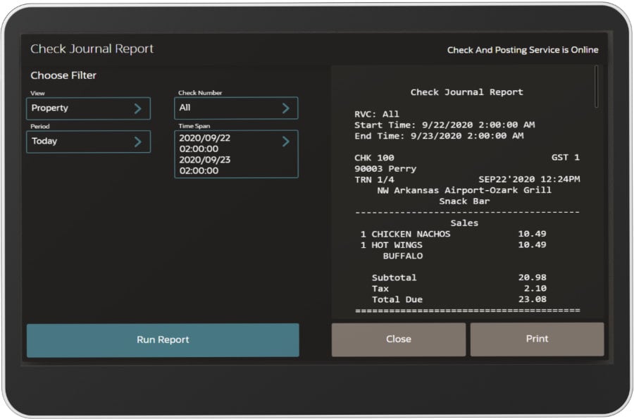 A tablet screen displaying a Check Journal Report with options to choose filters and a detailed transaction entry for 09/22/2020 at a snack bar, including items sold and total amounts.
