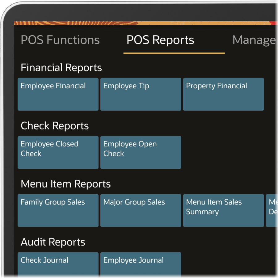 A screenshot of a POS (Point of Sale) system showing various reporting options, including financial, check, menu item, and audit reports. Categories listed are "Financial Reports," "Check Reports," "Menu Item Reports," and "Audit Reports.
