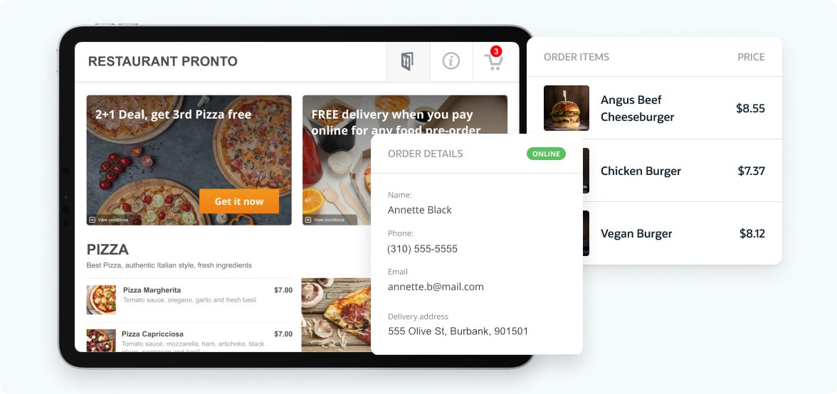 A tablet screen displays an online menu for "Restaurant Pronto" featuring pizzas and burger options, alongside an "Order Details" pop-up with customer information including name, phone, and address.
