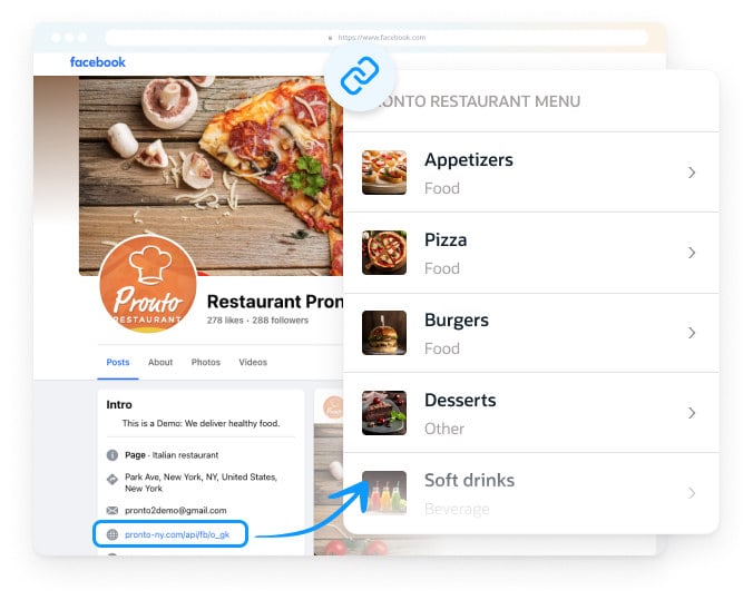 A screenshot of a restaurant’s Facebook page with a menu overlay displaying categories such as Appetizers, Pizza, Burgers, Desserts, and Soft drinks.