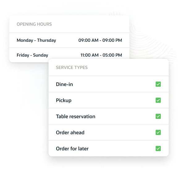 Image showing opening hours and service types for a business. Opening hours: Monday-Thursday 9 AM–9 PM, Friday-Sunday 11 AM–5 PM. Service types: Dine-in, Pickup, Table reservation, Order ahead, and Order for later.
