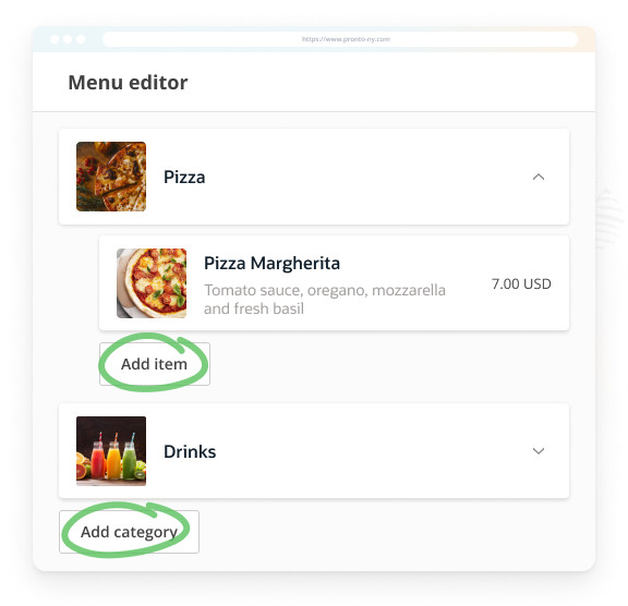 A screenshot of a menu editor showing options for Pizza and Drinks categories. The Add item and Add category buttons are circled in green.