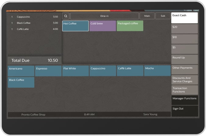 Point of Sale system showing a coffee shop menu, order details, and payment options. Total due is $10.50 with items: Cappuccino $3.50, Black Coffee $3.00, and Caffe Latte $4.00.