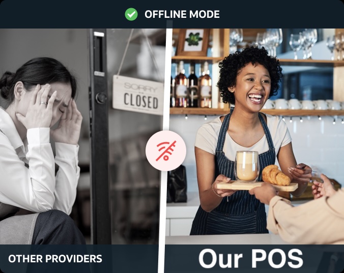 A split image: on the left, a distressed person and a "Sorry, Closed" sign, labeled "Other Providers"; on the right, a smiling server handing a drink to a customer, labeled "Our POS.