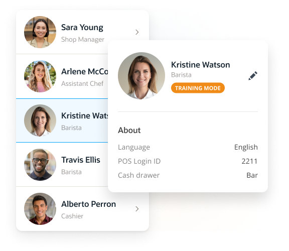 A user interface showing employee profiles with contact information and roles. One profile is highlighted, displaying details for "Kristine Watson," who is currently in "Training Mode.
