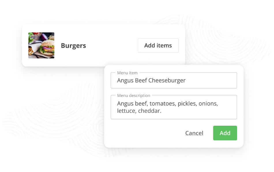 A screenshot shows a restaurant menu interface with a burger category. It displays fields for adding a menu item and its description, featuring an "Add" button.