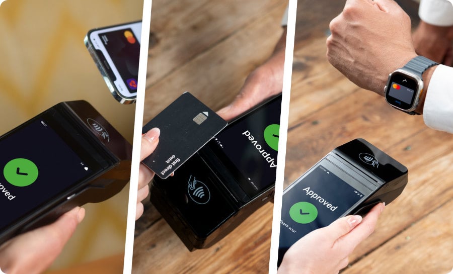 Three images show contactless payment methods with a smartphone, a credit card, and a smartwatch. All transactions are approved on the payment terminal screens.
