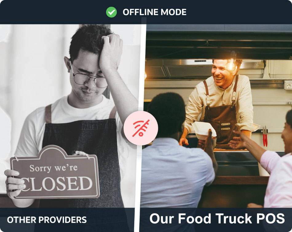 Split image with "Offline Mode" at the top. Left shows a person holding a "Sorry we're CLOSED" sign under "Other Providers." Right shows a happy food truck worker serving customers under "Our Food Truck POS.