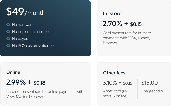 Pricing chart detailing monthly subscription and transaction fees for a payment processing service. Subscription is $49/month with various fees for in-store, online, and other transactions.