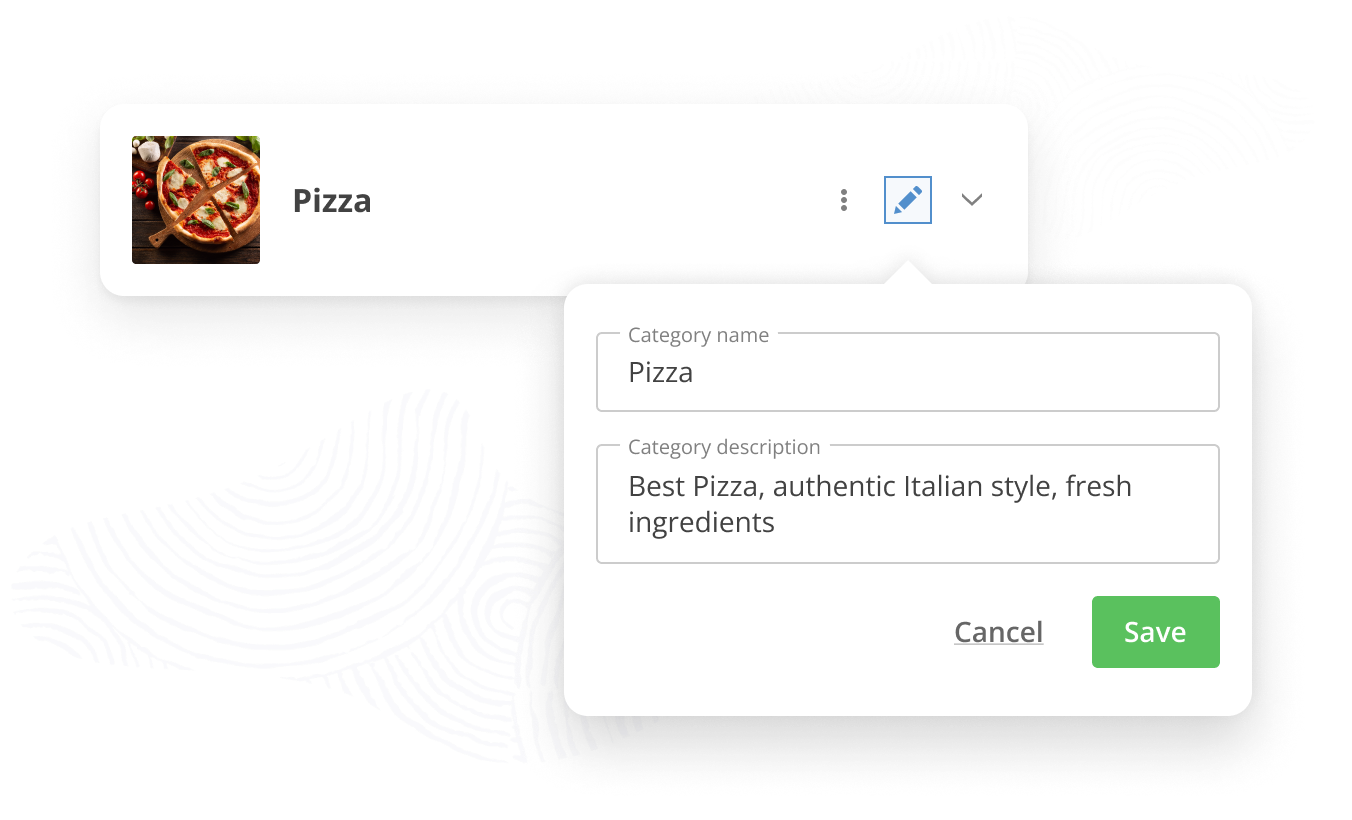Image showing a digital interface where the term "Pizza" is entered as a category name and described as "Best Pizza, authentic Italian style, fresh ingredients" before saving.