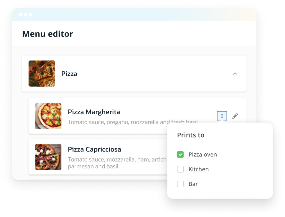 A digital menu editor interface displayed, showing options for "Pizza Margherita" and "Pizza Capricciosa." Printing options to "Pizza oven," "Kitchen," and "Bar" are shown in a dropdown menu.