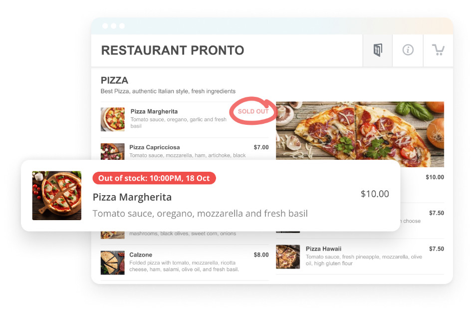 A restaurant website shows a menu with various pizza options. A highlighted notice indicates that the Pizza Margherita is sold out. The dish is described as having tomato sauce, oregano, mozzarella, and fresh basil.