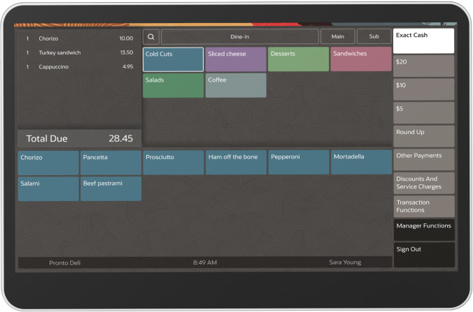 Point of Sale system showing a coffee shop menu, order details, and payment options. Total due is $10.50 with items: Cappuccino $3.50, Black Coffee $3.00, and Caffe Latte $4.00.